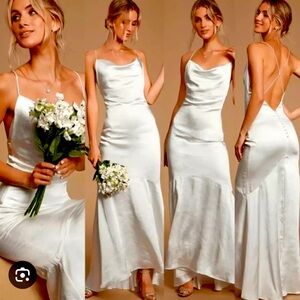 Elliatt Aisle White Satin Cowl Neck Maxi Bridal Dress Size Small